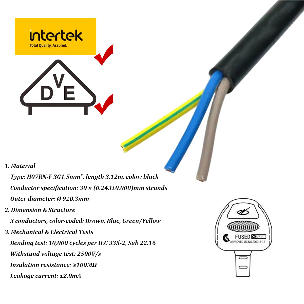Solarsys Kabel zasilający 10 m H07RN-F 3G1,5mm² AC z 3-pinową wtyczką UK BS1363, 230V/16A, guma anty-UV, odsłonięta końcówka do instalacji solarnych/zewnętrznych