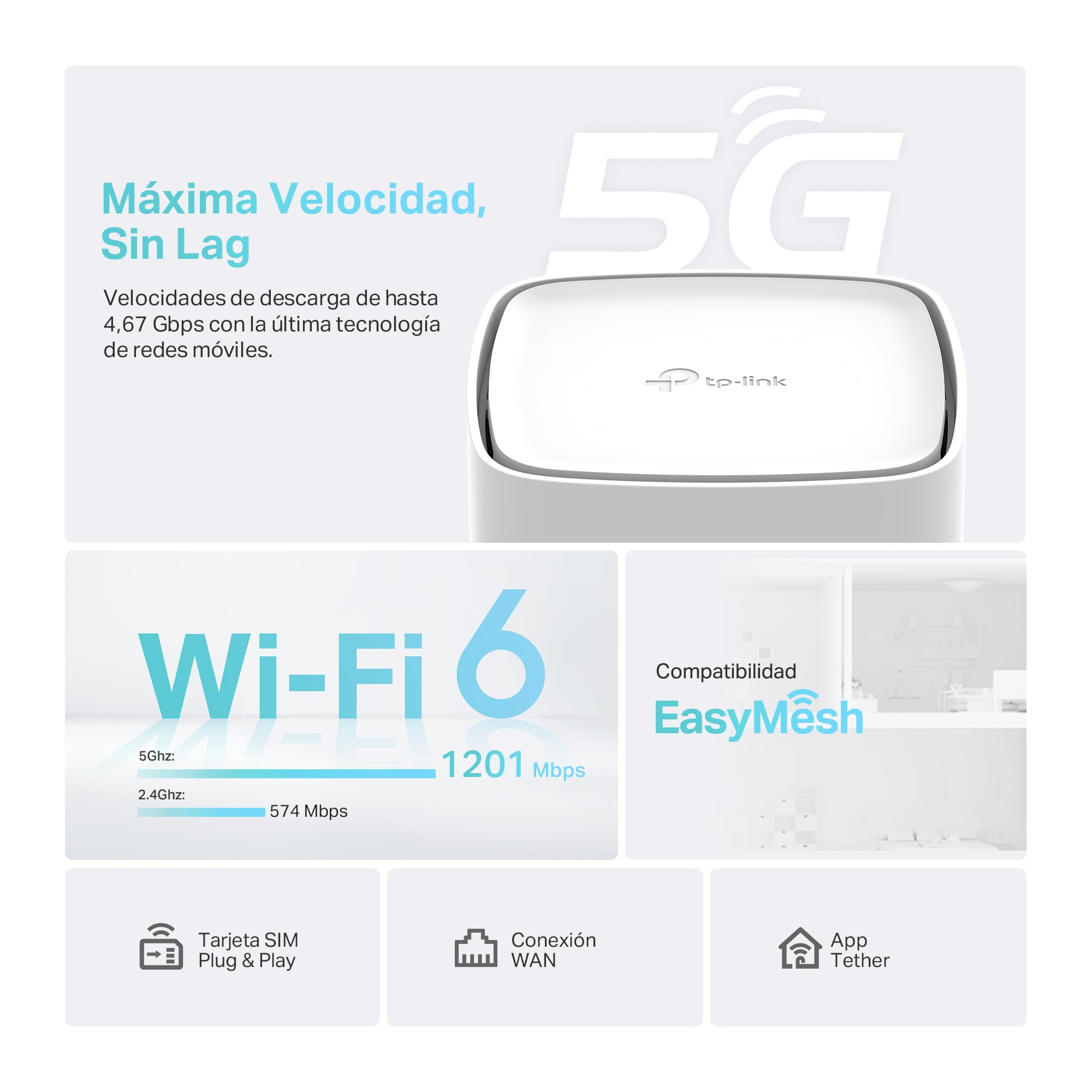 [Nuevo] TP-Link Archer NX200 | Router Inalámbrico Dual-Banda AX1800 5G Gigabit | 5G SA NSA, SIM, Wi-Fi 6, 4G LTE FDD TDD, Modo Router, Puerto Gigabit, Plug and Play, EasyMesh, Fácil Configuración