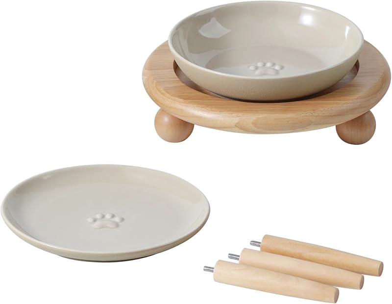 Potes Elevados para Gatos em Cerâmica Havniva com Suporte de Madeira e Base Antiderrapante MZD-1-S-CT