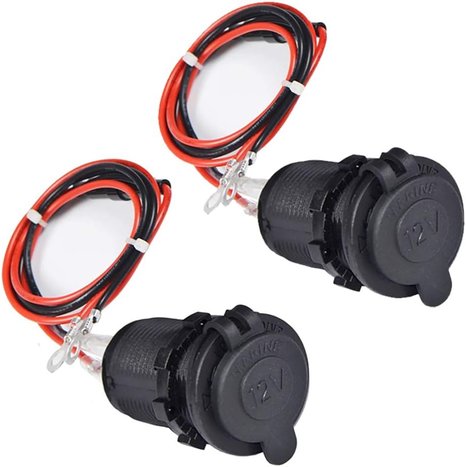 Cigarette Lighter Socket, Waterproof and dustproof 12V/24V DC lighter socket plug Outlet for Boat Motorbike Car,With 0.6m Connection Cable(Black-2pcs)