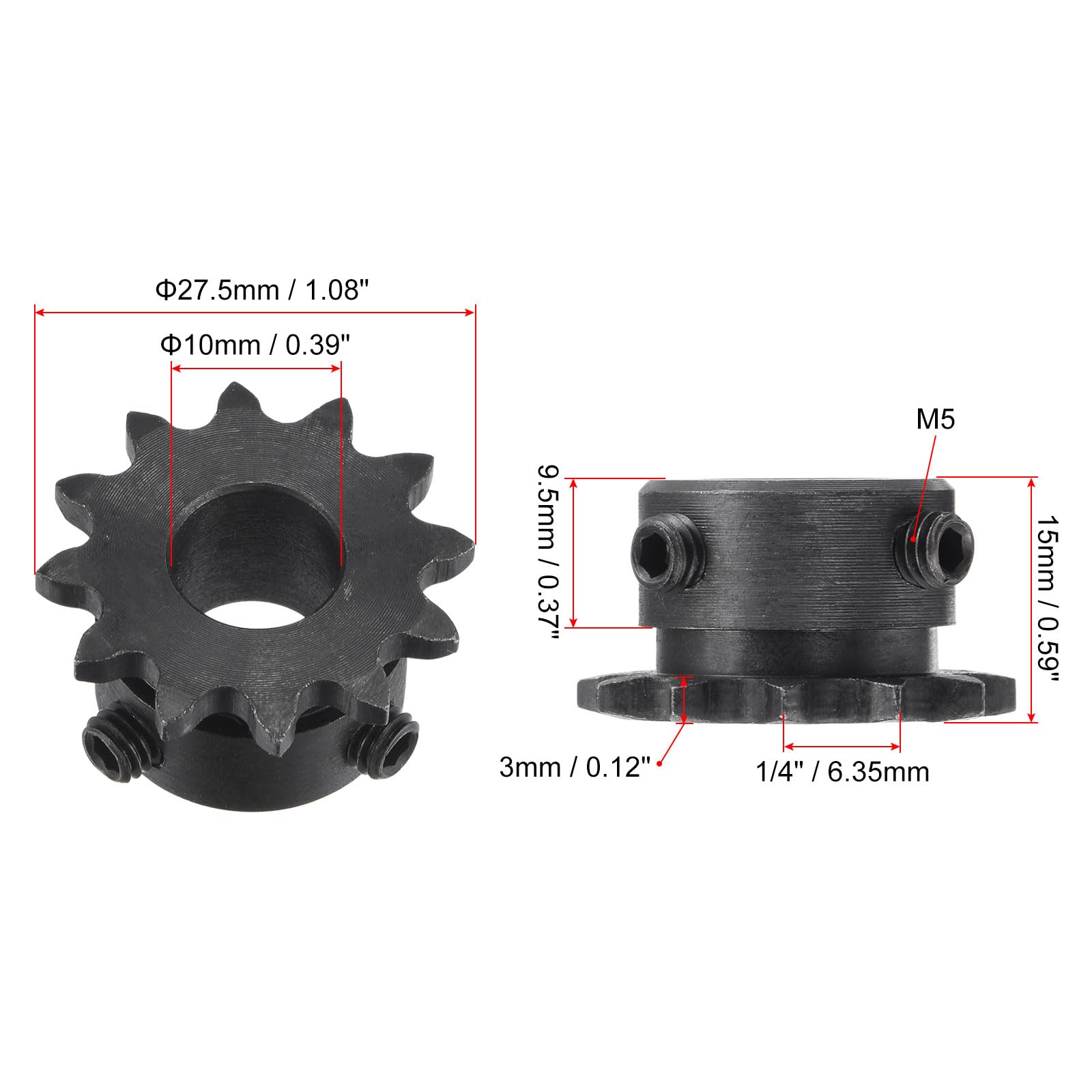 uxcell #25 Chain Roller Sprocket, 10mm Bore 1/4" Pitch 12 Tooth Single Strand Chain Sprocket, C45 Carbon Steel 25 Roller Chain Sprocket with Set Screws for ISO 04C Chain, 2Pcs — Amazon image 2