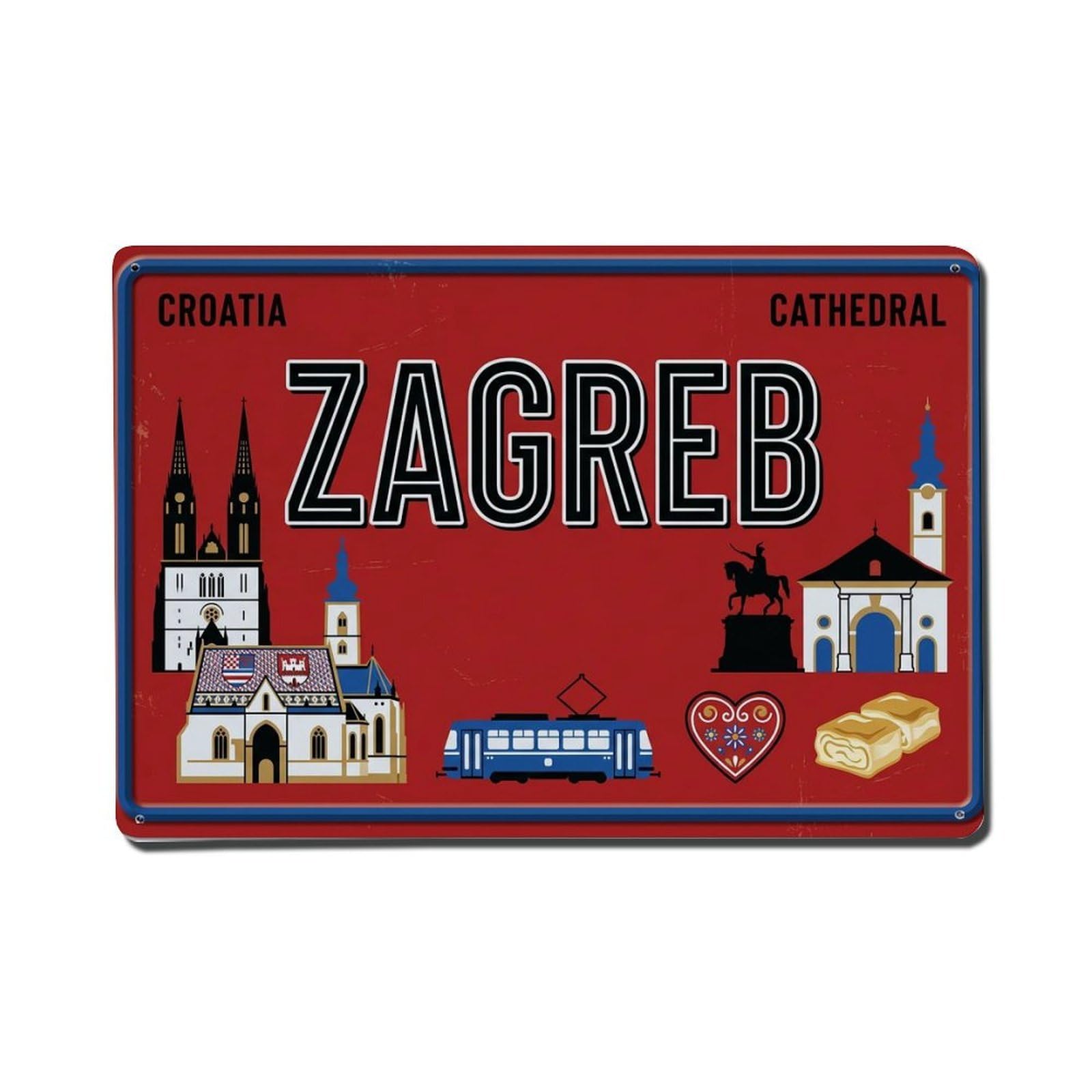 Xanthor Style Vintage Travel Zagreb Croatia Cathedral Tram Metal Tin Sign