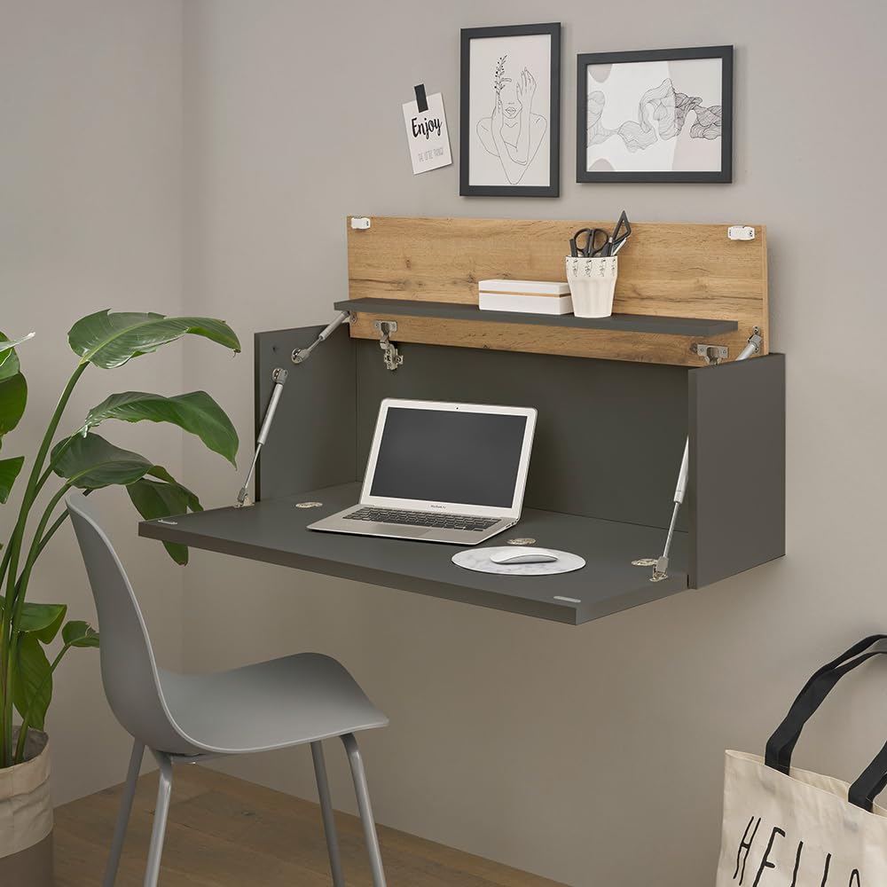 Lomadox Büro Homeoffice Sekretär, wandhängend, anthrazit mit Eiche, B/H/T ca. 100/35/30 cm