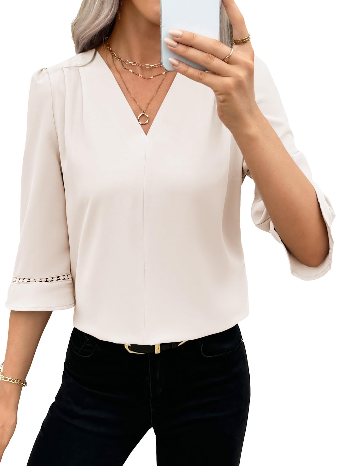 EVALESS Women's 3/4 Sleeve Tops Dressy Casual Pleated V Neck Business Work Blouses Office Shirts