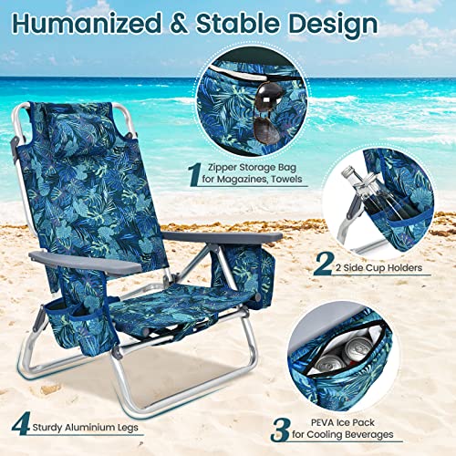 Image of Tangkula Set of 4 Backpack Beach Chair, 5-Position Lay Flat Beach Chairs with Cooler Bag, 2 Cup Holders, Towel Bar, Lightweight Low Folding Beach Chair with Backpack Straps, Navy