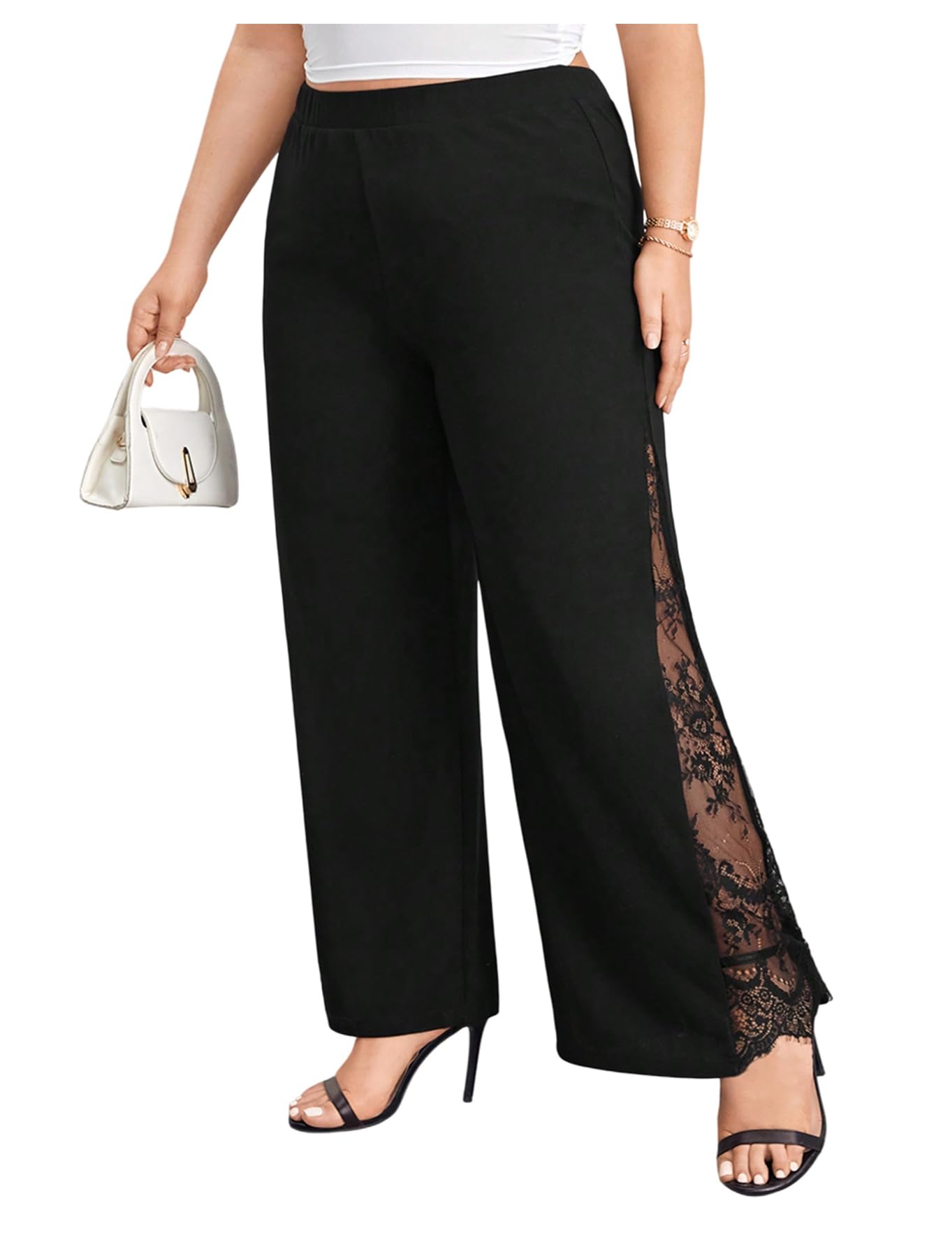 Verdusa Womens Plus Size Floral Lace Pants Elegant Wide Leg High Waisted Trousers