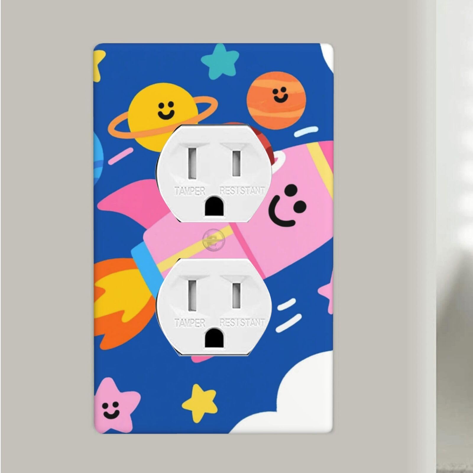 Fekiloot Cute Space Doodle Duplex Outlet Covers Wall Plates 1-Gang Switch Outlet Electrical Cover Plate Unbreakable Polycarbonate Switchplate Cover Faceplate For Bathroom Kitchen Home Decor