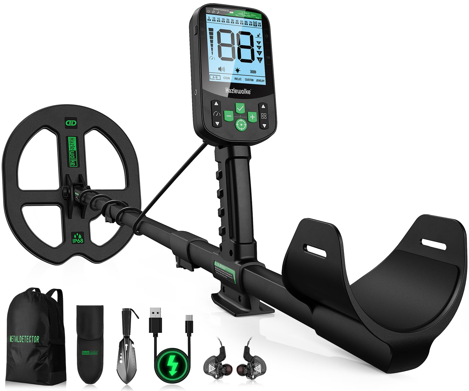 Hazlewolke Detecteur de Metaux Adultes, 11'' Bobine Double-D Étanche, 6 Modes avec Pinpoint, Profondeur de 12", Rechargeable Professionnel pour Or, 7 Niveaux Sensibilité et 3 Tons