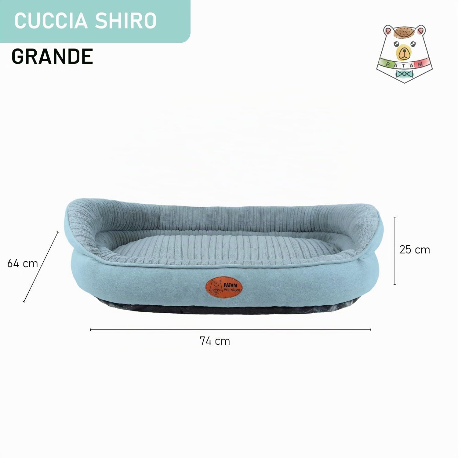 Cuccia Cane e Gatto Interno, Lettino Morbido Sfoderabile, Antiscivolo, Shiro Azzurro, Large 74x64x25 cm