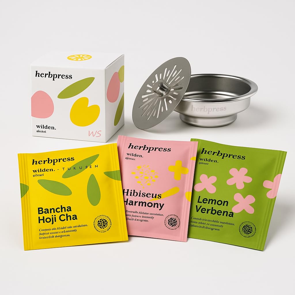 Zestaw startowy do infuzji ze stali nierdzewnej, Ø 54 mm + 4 mieszaniny (2 Hibiscus Harmony, 1 cytryna Verbena, 1 Bancha Hoji Cha) – szybki napar w 60 sekund