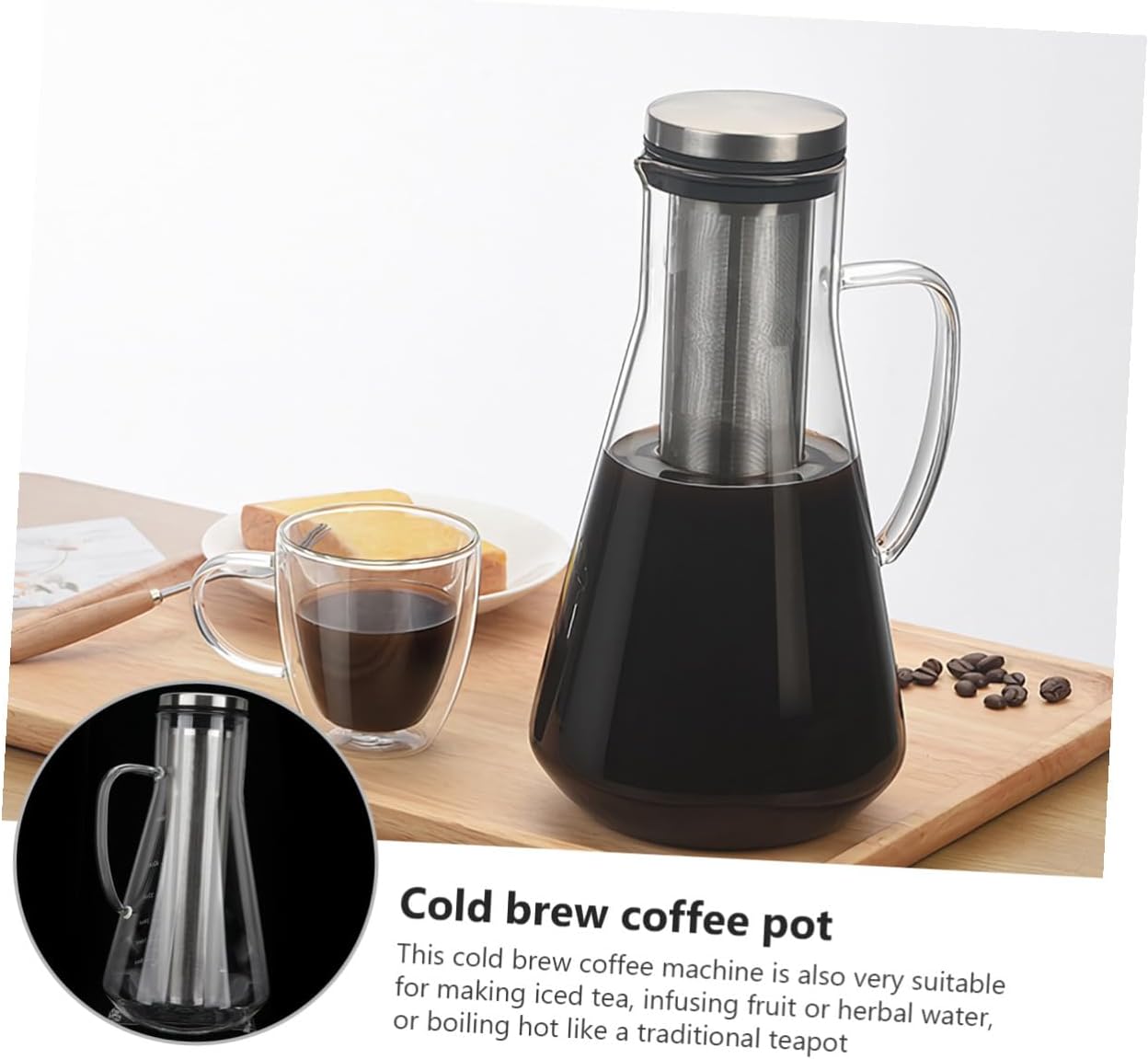 Large Capacity 1600ml Cold Brew Coffee Maker with Borosilicate Glass and Stainless Steel Filter Iced Coffee Pot for Home Brewing Sturdy with Measurement Scale