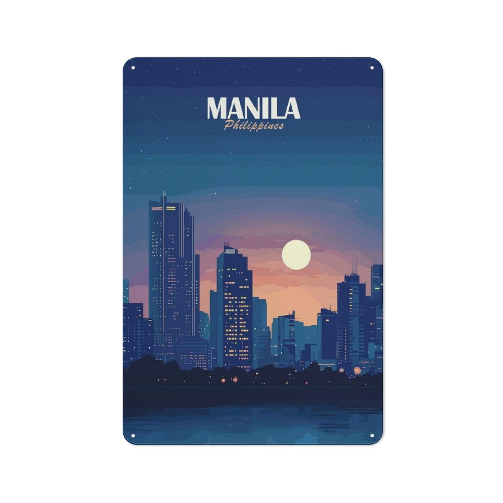 Junmoney Style-11 Manila Philippines Cityscape At Night Retro Metal Plaque 30X20cm For Living Room Or Hallway, Suited To Hallway Decor Fans