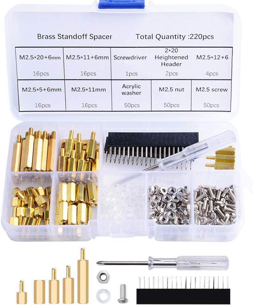 220PCS Standoffs M2.5 Brass Spacer Hex Column Screw Nut Assortment Kit with Box，Male-Female for Raspberry Pi,with Acrylic Washer Screwdriver
