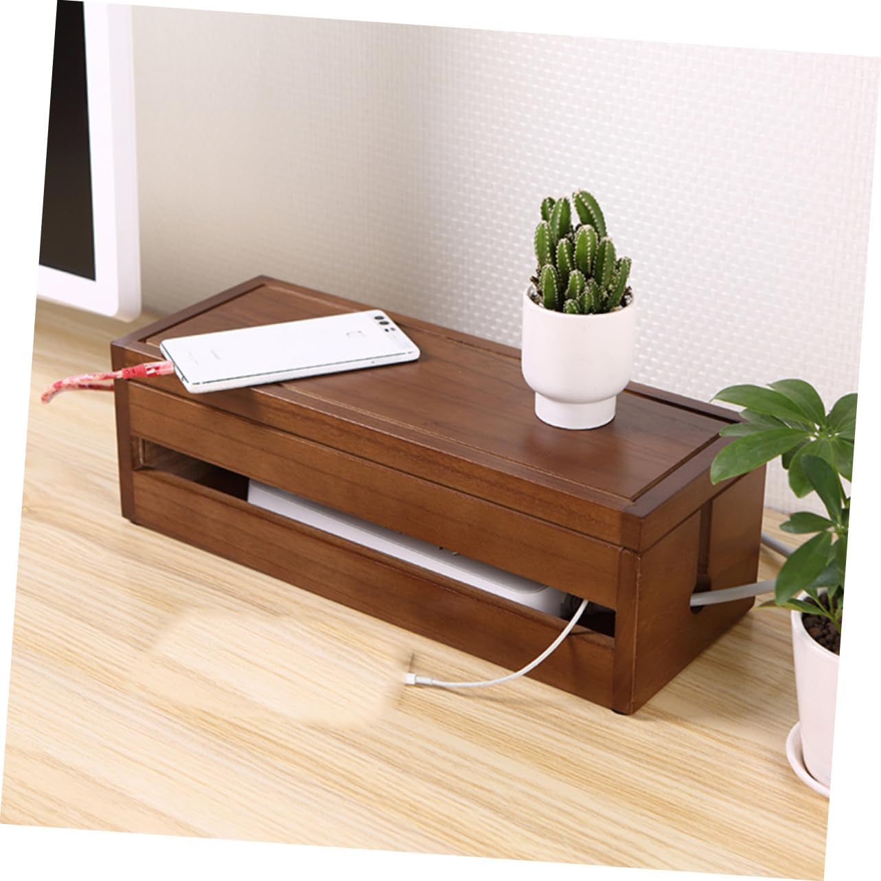 Lurrose Wooden Cable Storage Box Hub Design for Organizing Power Plugs and Wires Large Brown Wire Management Solution
