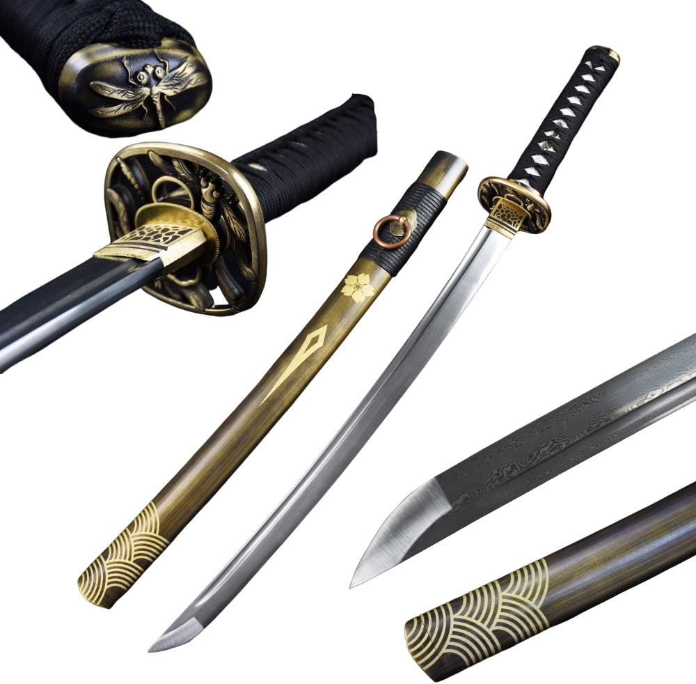 Full Tang Katana Wakizashi Japanese Samurai Sword Damascus Folded Steel Blade Pure Brass Fitting