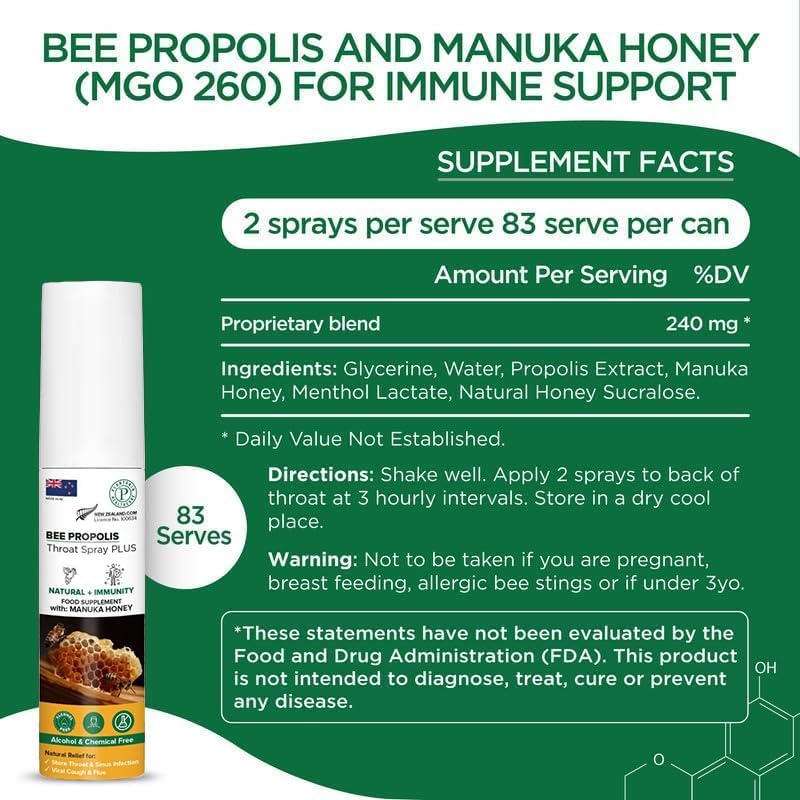 Miniatura 2 de Spray de garganta de propóleo de abeja para rasguños y dolor de garganta con gotas de manuka (MGO 260), sin alcohol, 0.7 onzas líquidas, 83