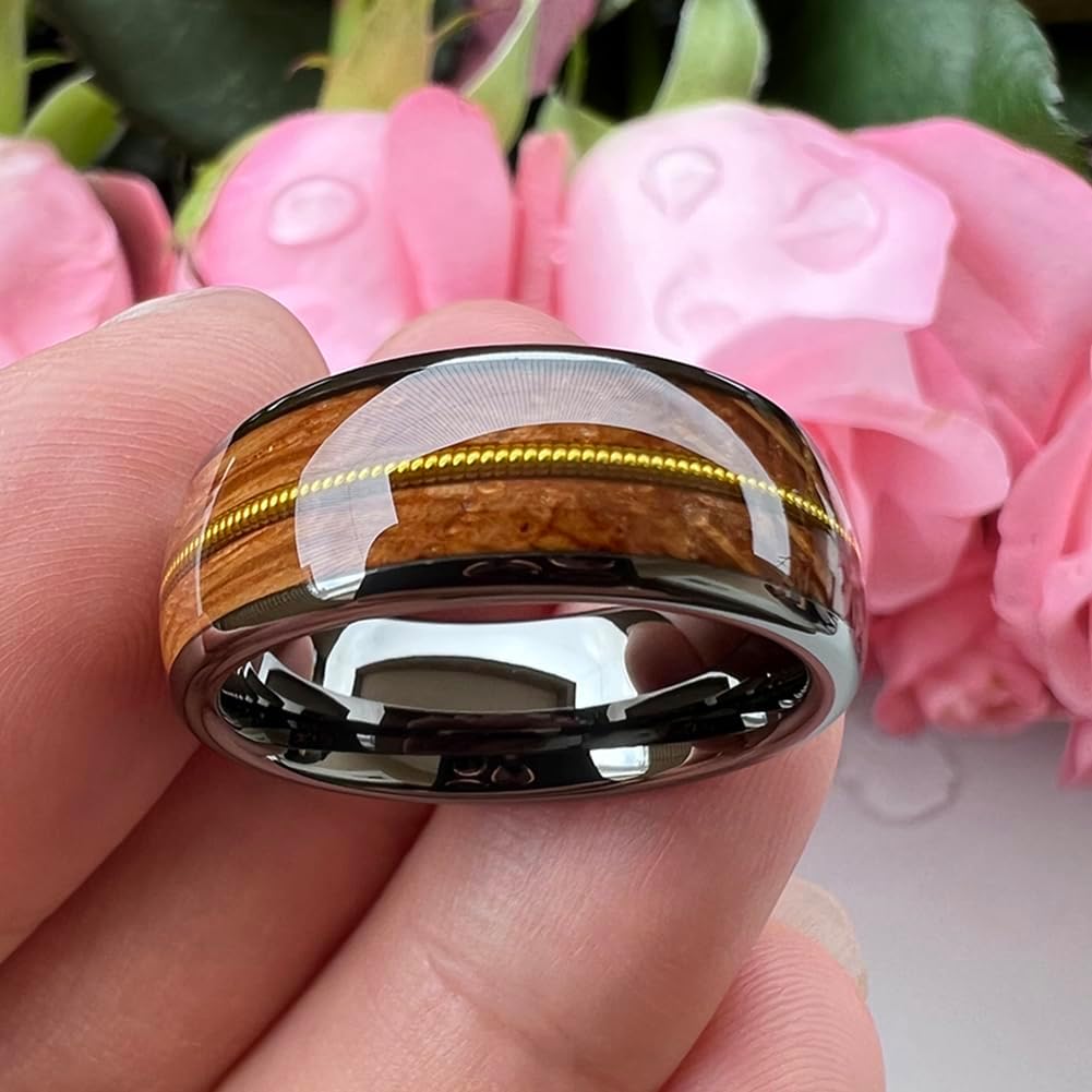 TUTISS 8mm Silver/Black/Gunmetal/Gold Tungsten Rings for Men Women Engagement Wedding Bands Whisky Wood Guitar String Inlay Domed Polished Comfort Fit