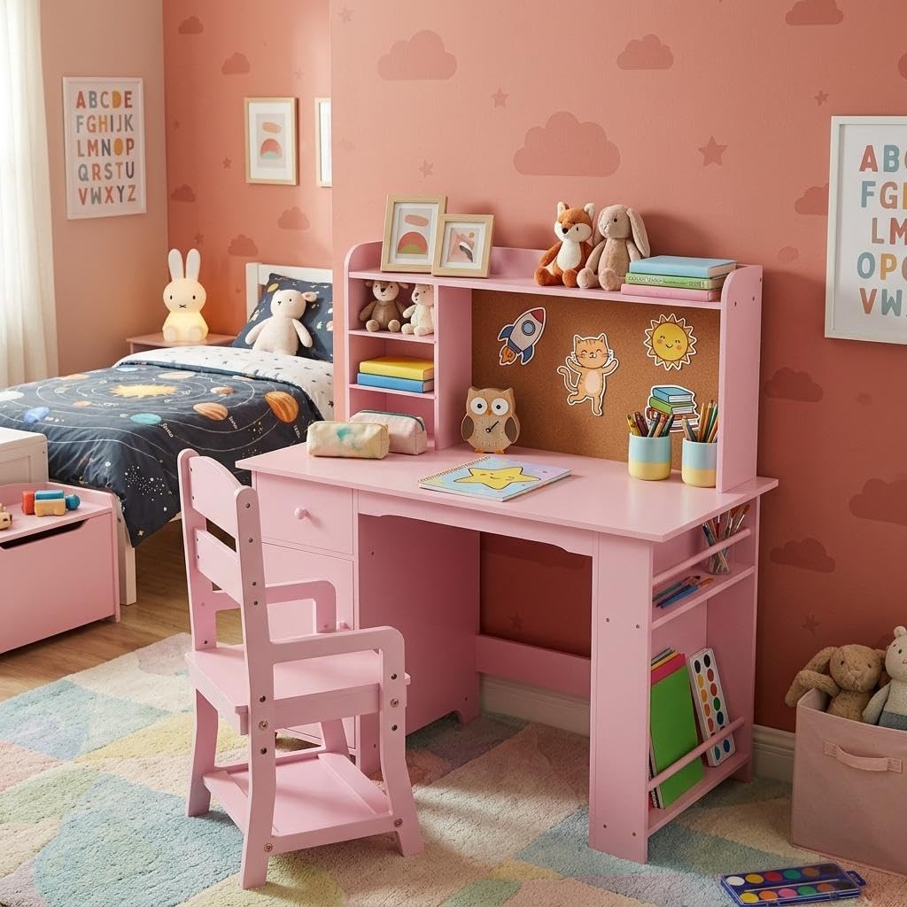 Garvee Kinderschreibtisch, Schreibtisch- und Stuhlset für Jungen und Mädchen, Holzschreibtisch mit Bücherregal, Pinnwand, Schrank und Schublade für Kinder von 3-8 Jahren, Rosa