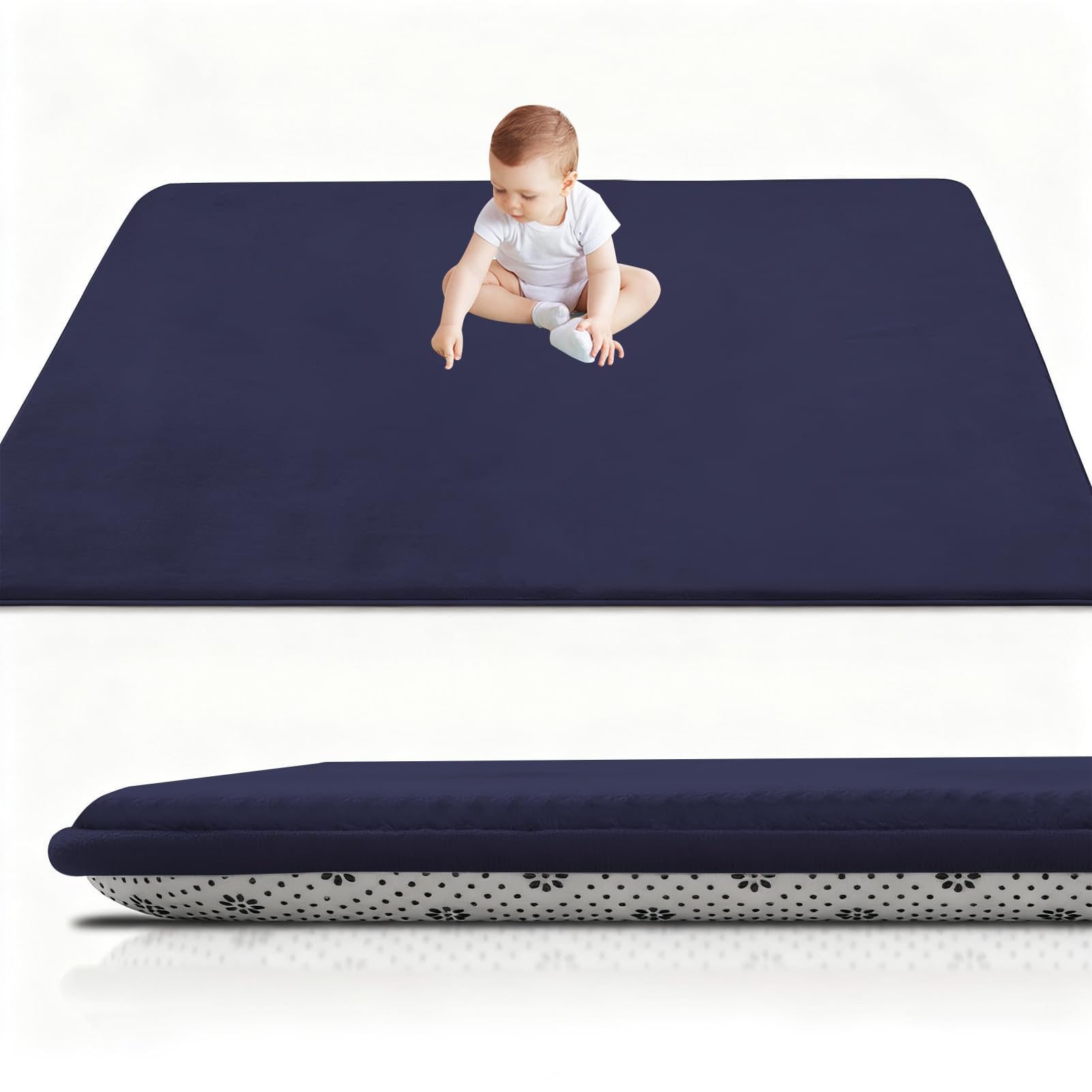 Rxuesug Dark Blue Thick Padded Baby Crawl Mat 150 X 150 Cm X 2Cm, Baby Play Mat, Foldable Kids Playmat, Large Activity Play Mat, Non-Slip, Waterproof, Playpen Mats Design For Crawling, Learning