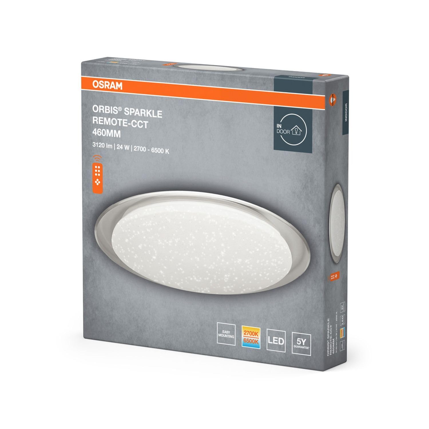 Osram Orbis Sparkle błyszcząca lampa sufitowa LED z efektem połysku, lampa ścienna 460 mm, lampa do zabudowy w kolorze białym z aluminium, ochrona IP20, do dekoracyjnego oświetlenia mieszkania