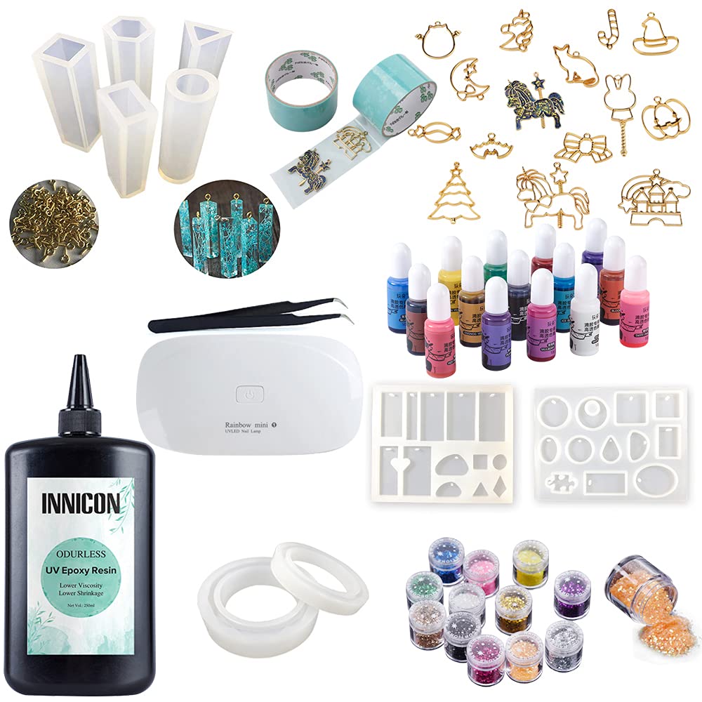 Colla UV inodore 250g resina epossidica, 15 pigmenti liquidi di colore 9X silicone 12 paillettes glitter 14x lunette aperte sul retro nastro senza traceless con lampada pinzette per ciondoli fai da te