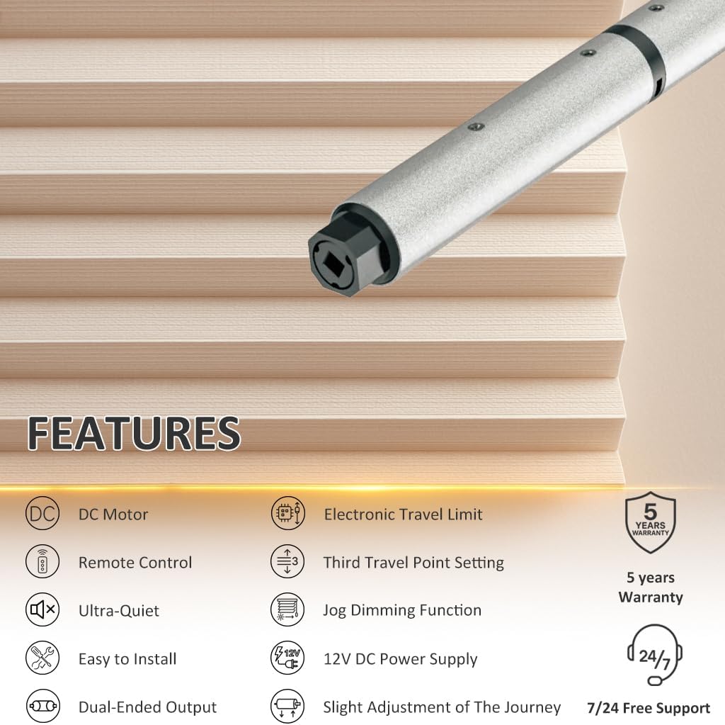 Motorized Roller Shade Motor Kit, 24mm DC 12V Electric Blind Motor for Cellular Roman Shades, Ultra-Quiet Remote Control Automation, Dual Output for Wood & Aluminum Blinds (0.8N.m for 34rpm/min)