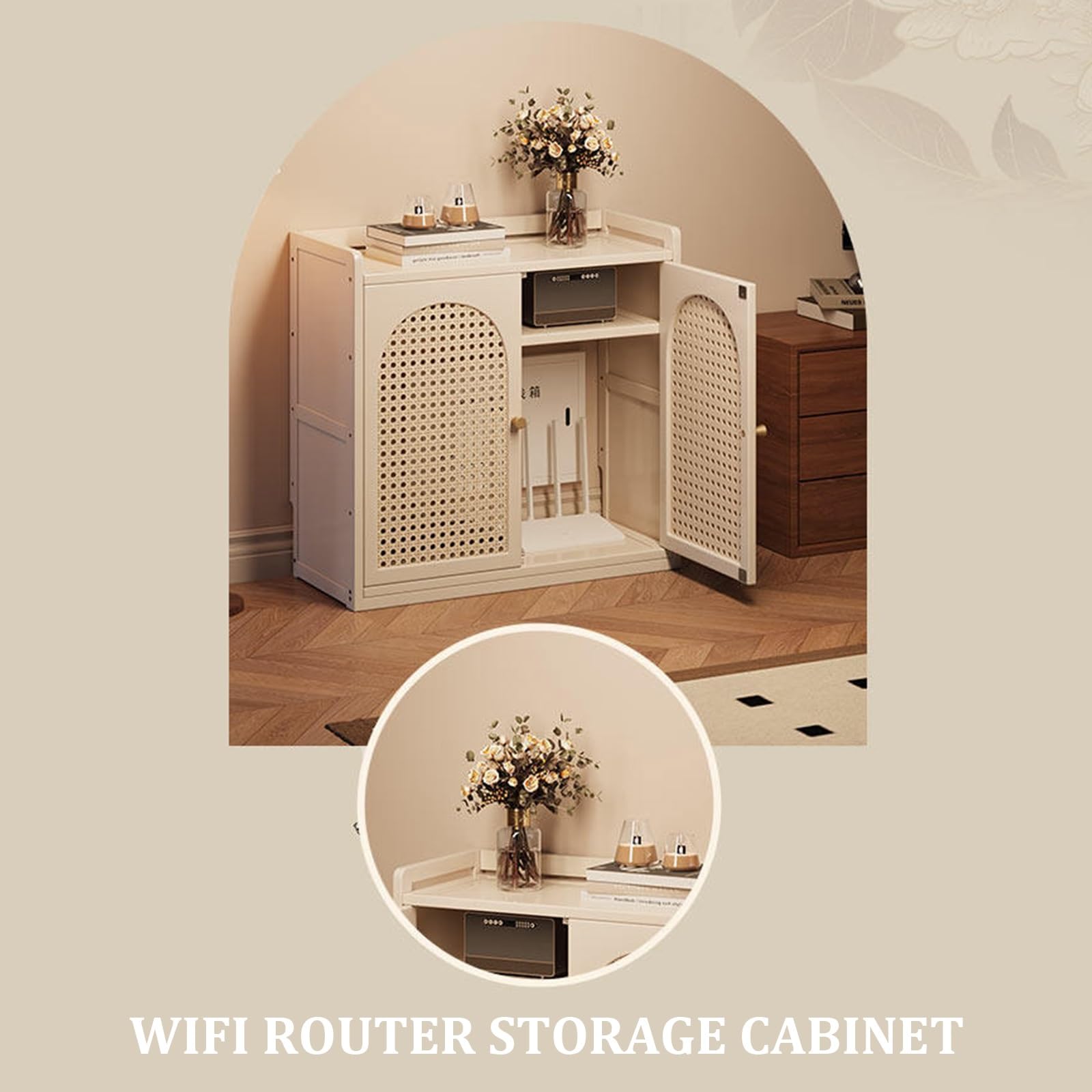 Multifunktionaler WLAN-Router mit Rattantüren, Modem-Sto-Box mit Kabel und Ventilat, für Zuhause/Büro, Weiß (59 x 25 x 67 cm)