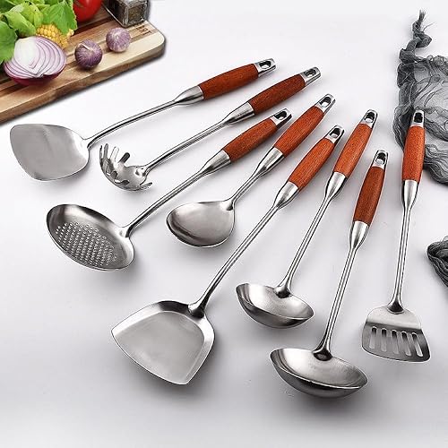 Miniatura 3 de Juego de utensilios de cocina de acero inoxidable con mango de madera, 8 utensilios de metal, utensilios ergonómicos y cómodos para servir, cuchara