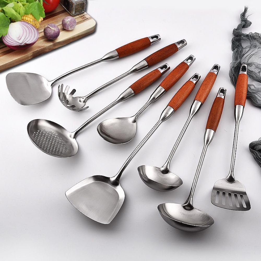 Stainless Steel Kitchen Cooking Utensils set with Wooden Handle,8 Pieces Metal Utensils,Ergonomic and comfortable serving Utensils, Soup Ladle Spoon,Turner Skimmer set