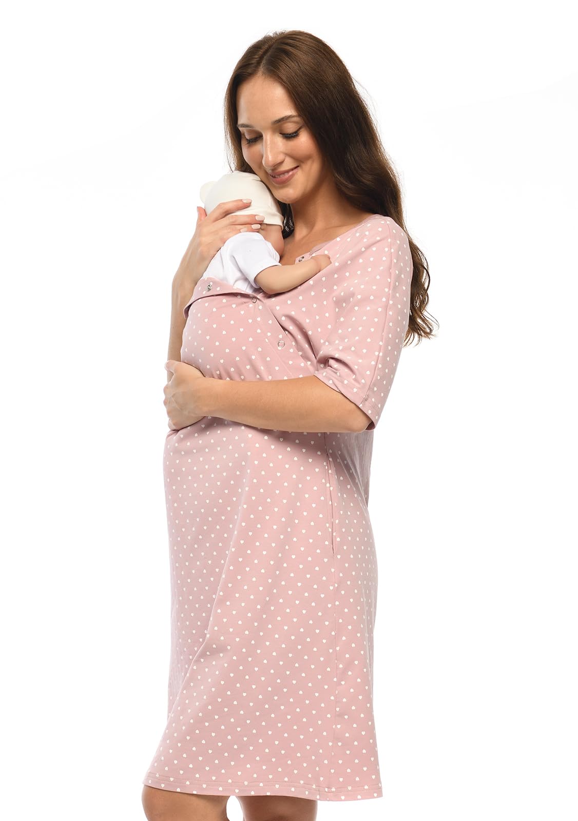 MijaCulture Vestido de maternidad 3 en 1, camisón de maternidad 4128 (S, rosa/con corazones)