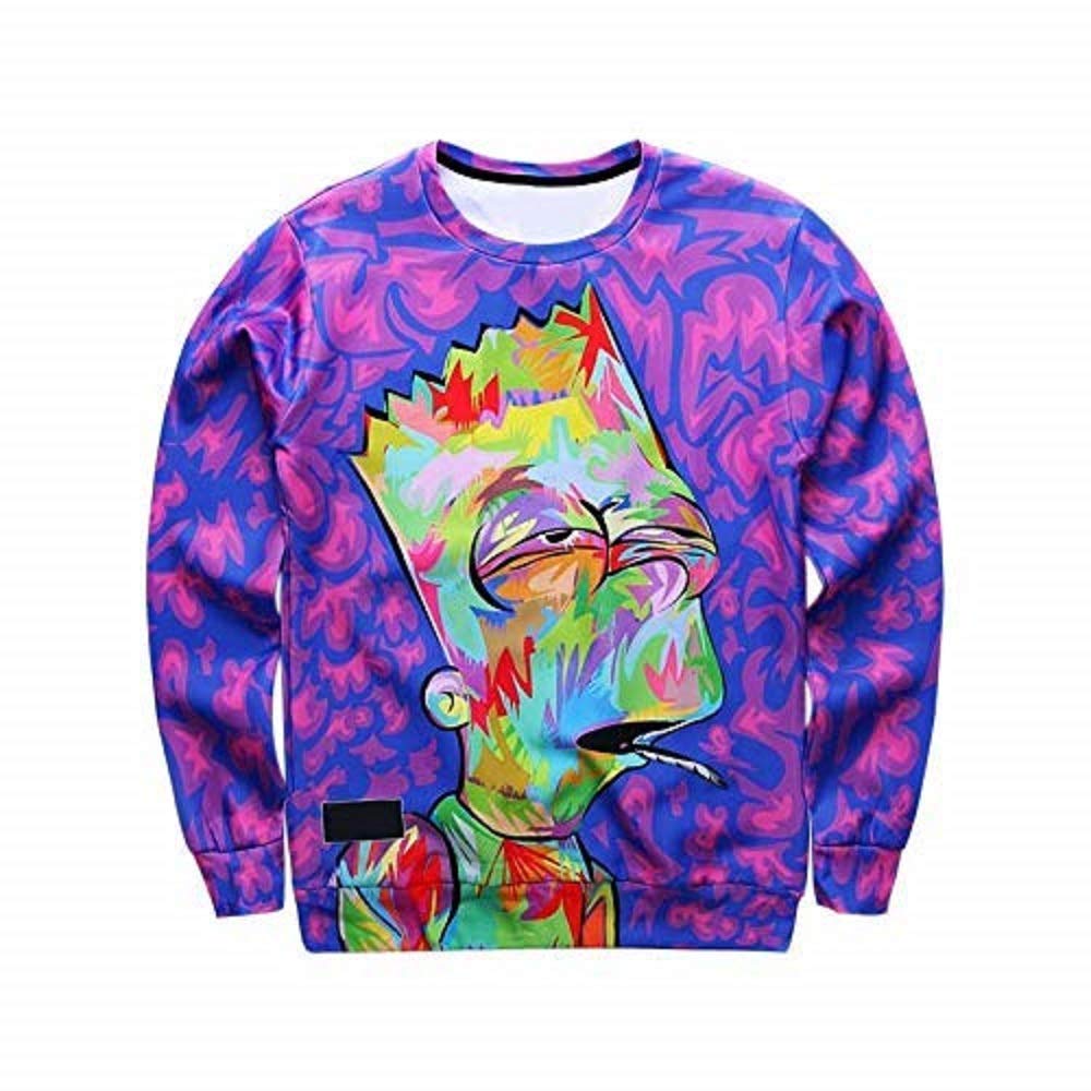 Stoned Bart Simpson Purple Sweater 3D Print Unisex Men and Women Character Smoking a Purple Joint Weed Shirt (2XL/USA = 4XL/Asian)