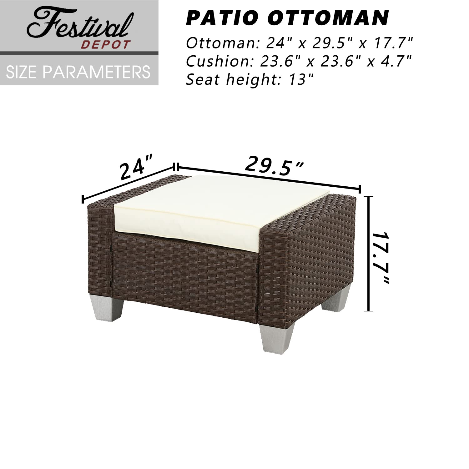 Festival Depot Patio Rattan Wicker Ottoman Outdoor Square Footrest with Removable Cushion Metal Frame Footstool All Weather Waterproof Furniture for Garden Yard Lawn (Beige), B-PF19009