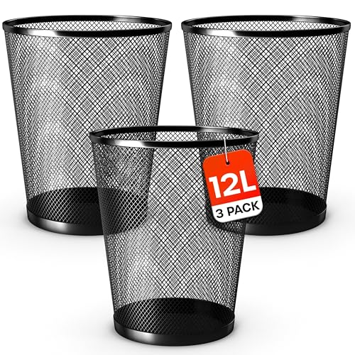 Waste Paper Bin - 12L Black Colored Metal Office Bin for Office Bedroom Living Room or Kitchen Use (3 Pack)