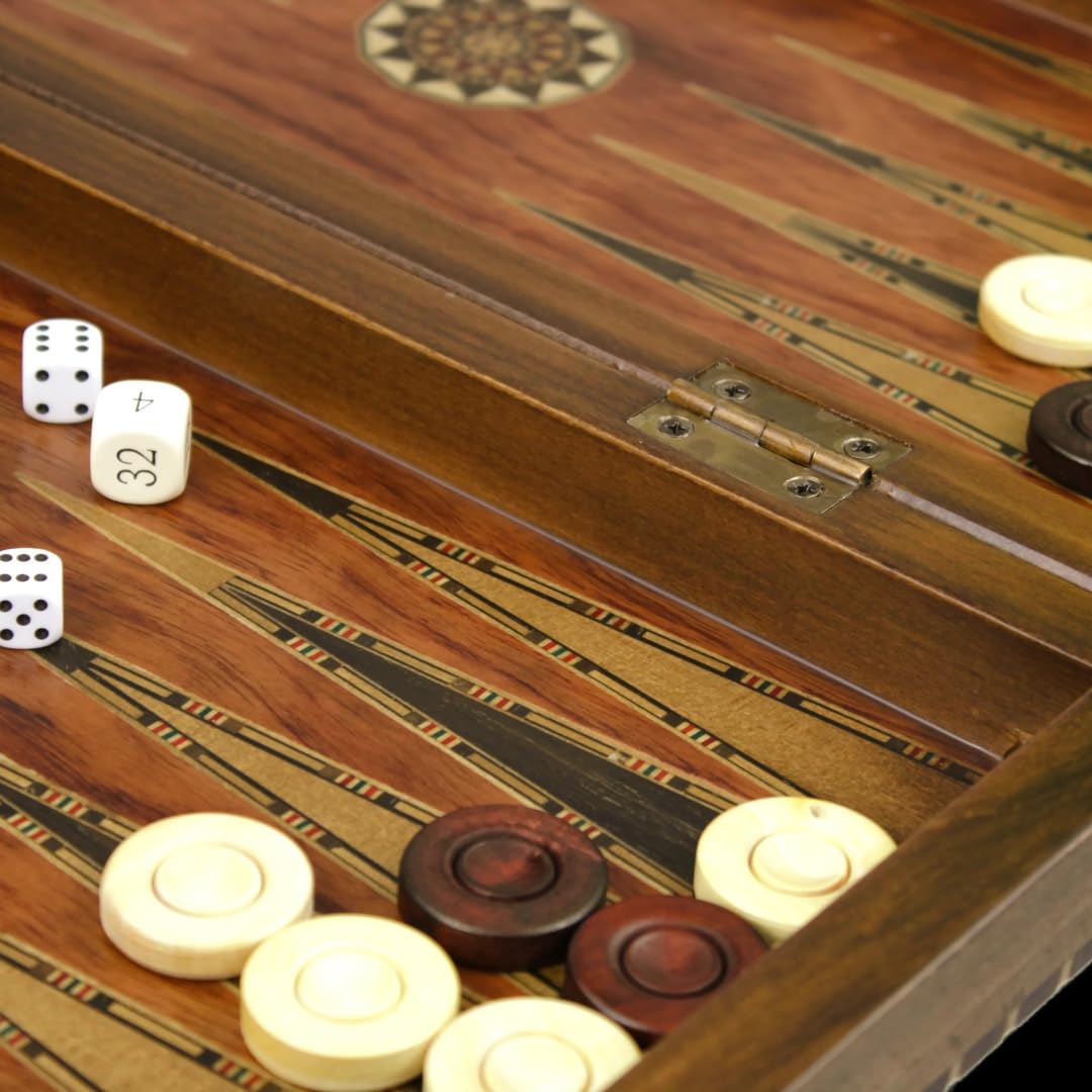 Juego de ajedrez y backgammon de palisandro rural de 20 pulgadas con piezas de ajedrez francés Staunton de Sheesham