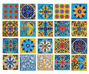 Shiv Kripa Blue Pottery Floral Ethnic Interior Exterior Crafted Tabletop Flooring Wall Ceramic 2 x 2 inch Tiles Pack of 20 Tiles (Sky Blue, Yellow & Multi)