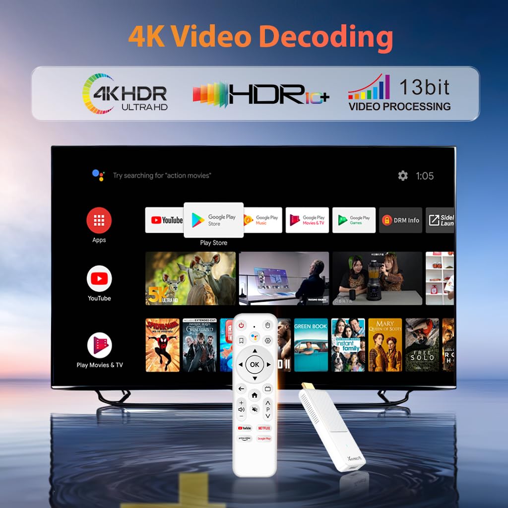 Clé TV Android 14.0, Ultra 4K HD Android Box Smart TV Stick avec télécommande vocale 2 Go de RAM 16 Go de ROM Puce RK3518 Double WiFi 6 2.4 et 5.8 Bluetooth 5.0 HDR10 Support vidéo et audio Blanc 2026