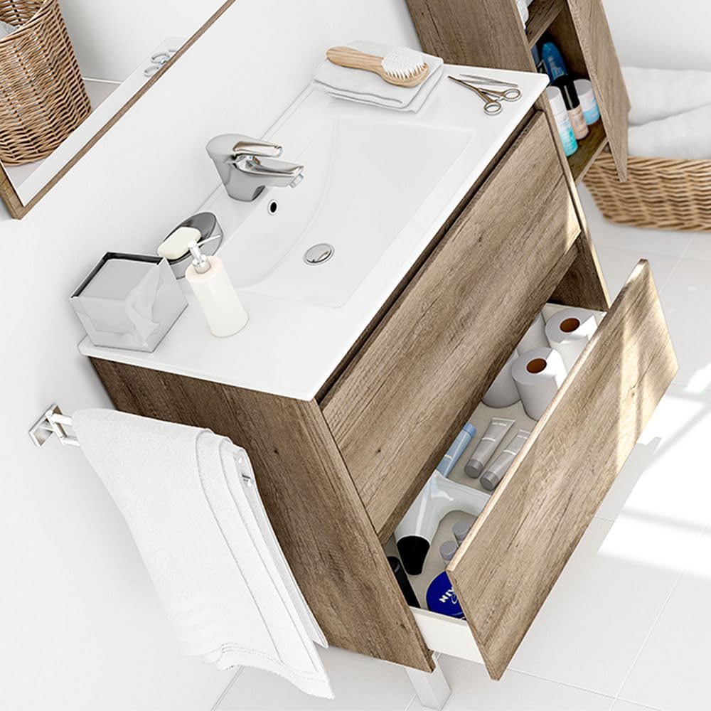 Inbagno Mobile Bagno da Terra 80 cm, 2 cassetti Serie Oasi, Colore Rovere con venatura Naturale, Completo di lavabo in Ceramica e specchiera