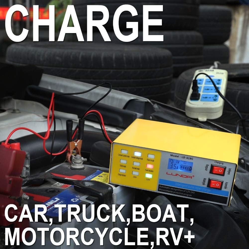 Caricabatterie Auto,Carica Batterie per Auto 250V 200AH Smart pulse Riparazione automatica 12 / 24V caricabatteria 5 fase di ricarica intelligente for il motociclo del camion