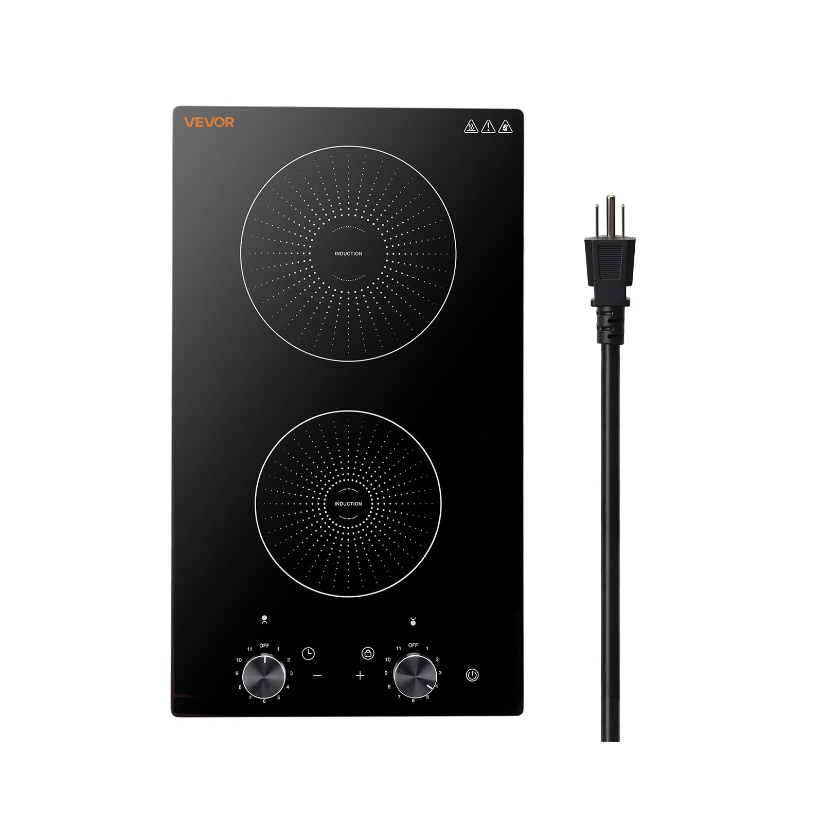 VEVOR 12 Inch Induction Cooktop 2 Burners,Built-in Electric Stove Top,Knob Control,Ceramic Glass Surface,Low-Power Continuous Heating,11 Power Levels,Child Lock,1800W,110V No Plug