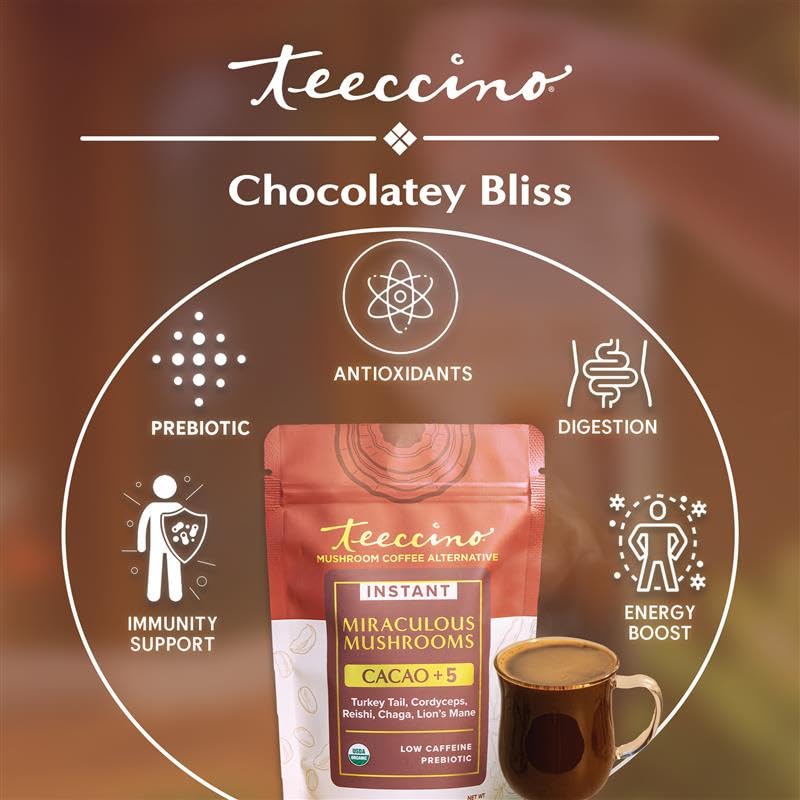 Miniatura 3 de Miraculous Mushrooms Cacao Instantáneo+5 Alternativa de Café por Teeccino  15 porciones - 5 Hongos Adaptogénicos Orgánicos con Cacao - Reishi,