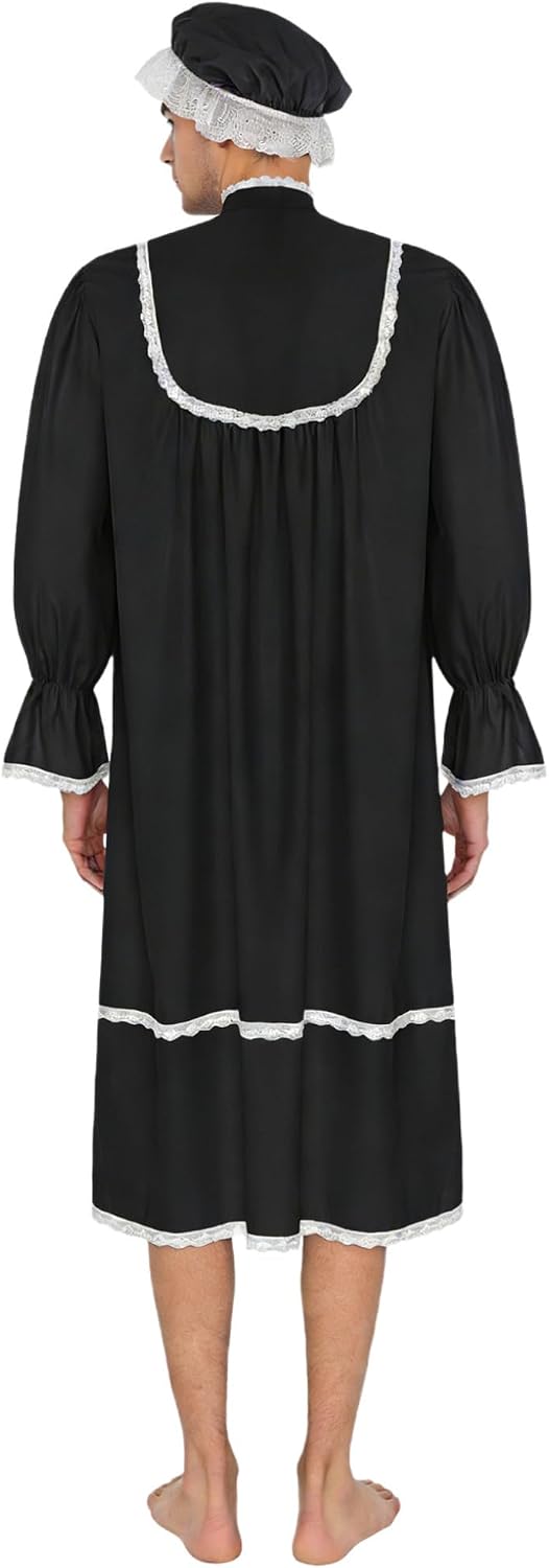Adult Mens Sissy Nightgowns Victorian Night Gown Long Sleeve House Dress with Pockets