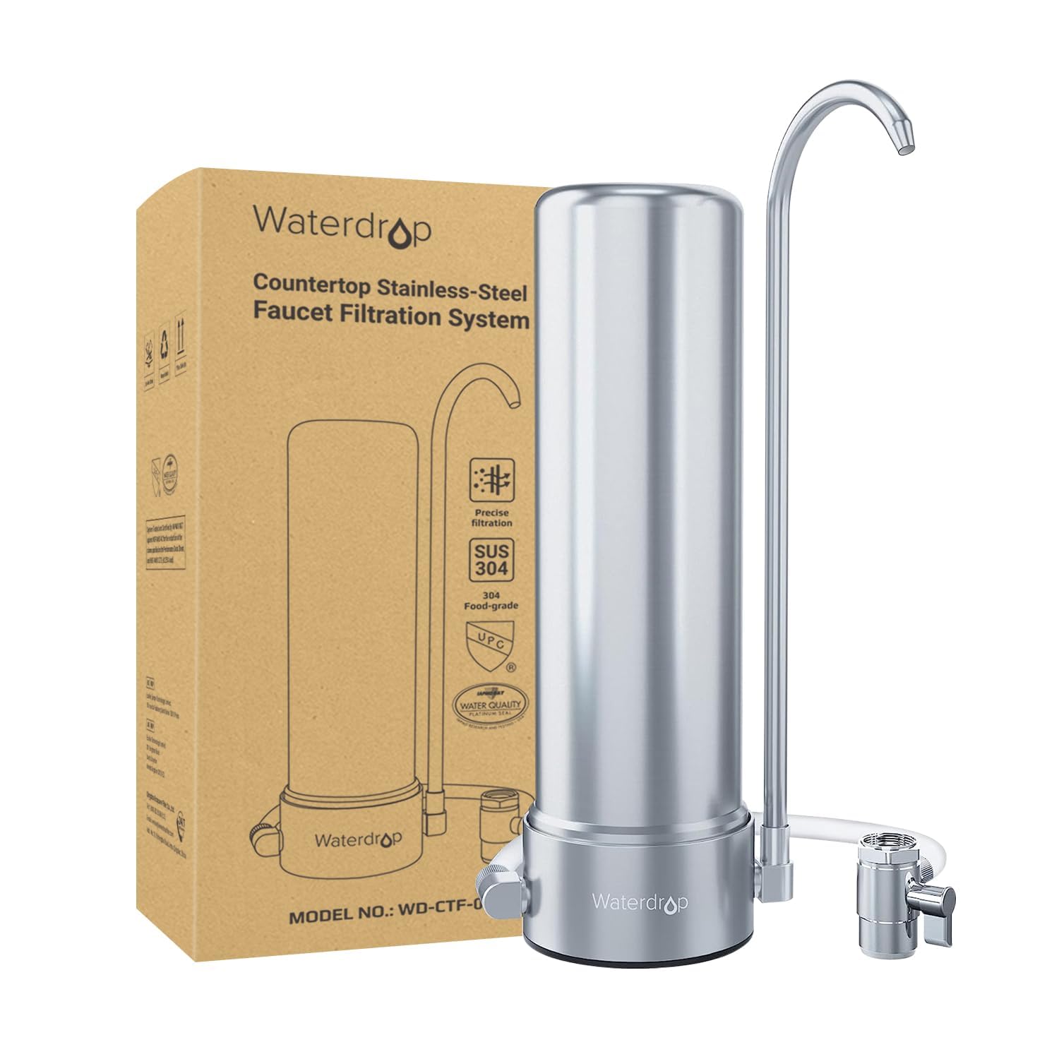 WD-CTF-01 Countertop Filtration System, 304 Food-Grade Stainless Steel, 6-Stage Faucet Water Filter, Long-Lasting Life, Removes 99% of Chlorine, Heavy Metals, Bad Taste (1 Filter Included)