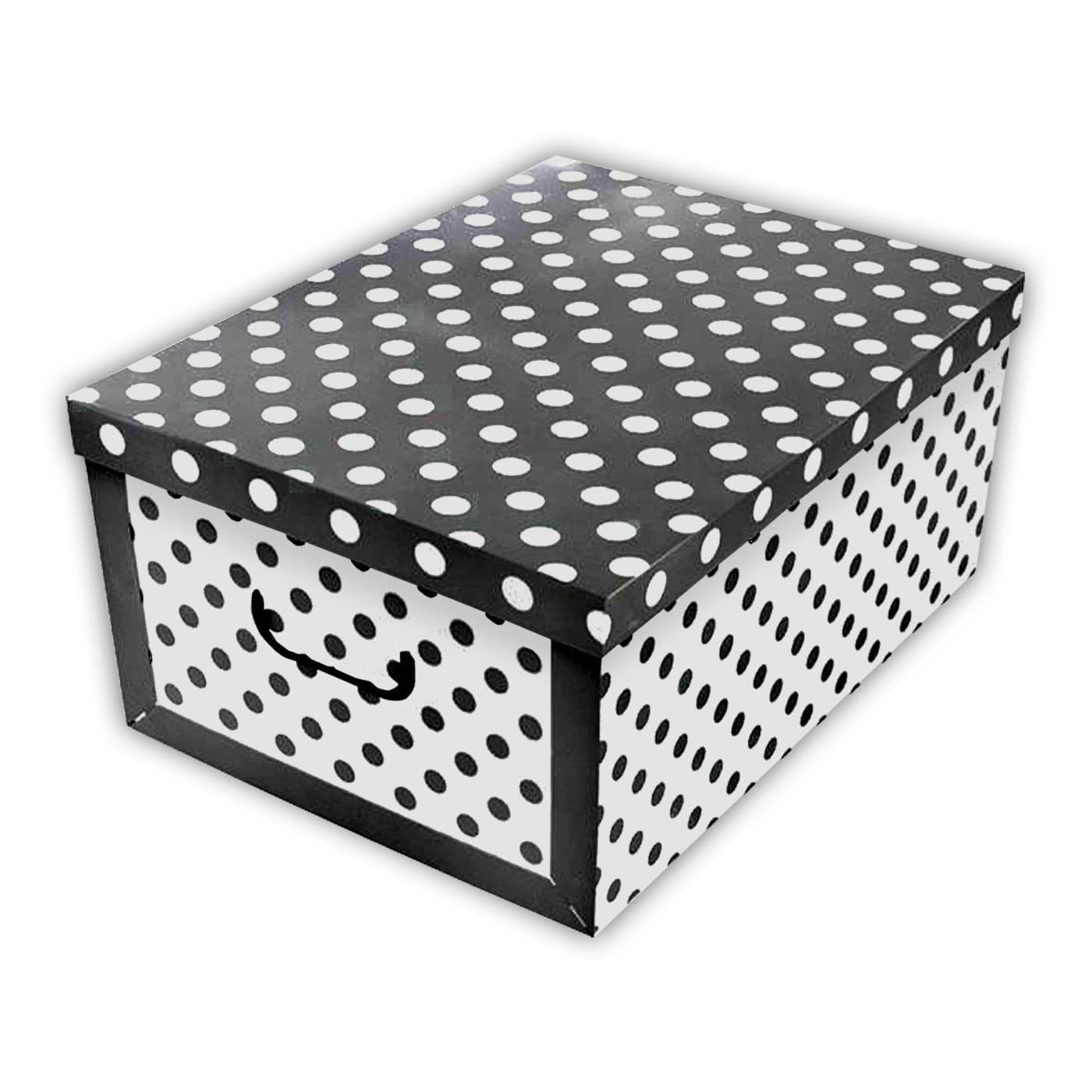 Acan Tradineur - Caja de cartón con asas plegable - Diseño de lunares - Almacenamiento, organizador de ropa, juguetes, libros - 51 x 37 x 24 cm - Color blanco y negro