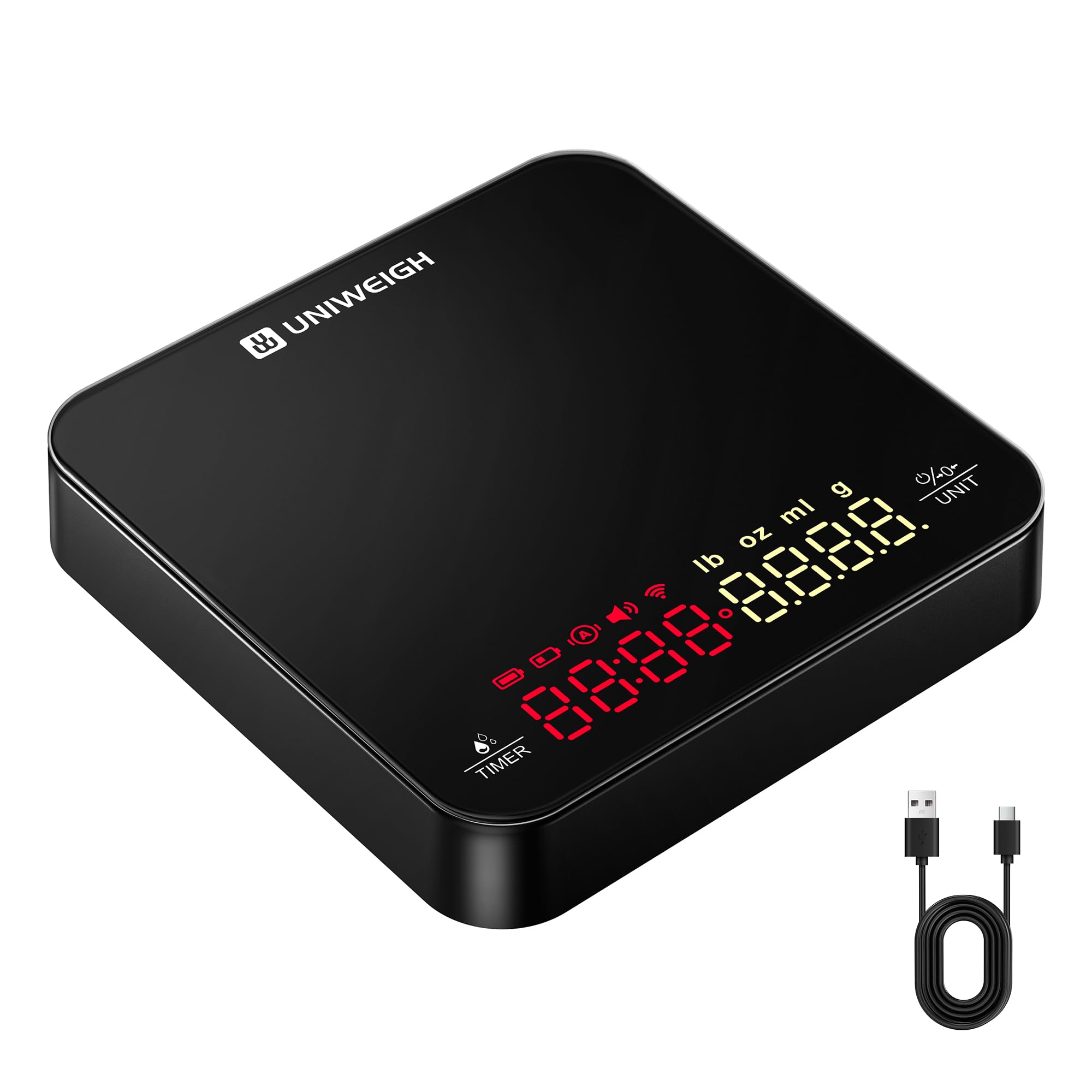 UNIWEIGH Mini Coffee Scale with Timer,Rechargeable Espresso Scale,2kg/0.1g Precision Scale for Espresso and Pour-Over Coffee, Portable Digital Kitchen Scale with Automatic Timing,Black