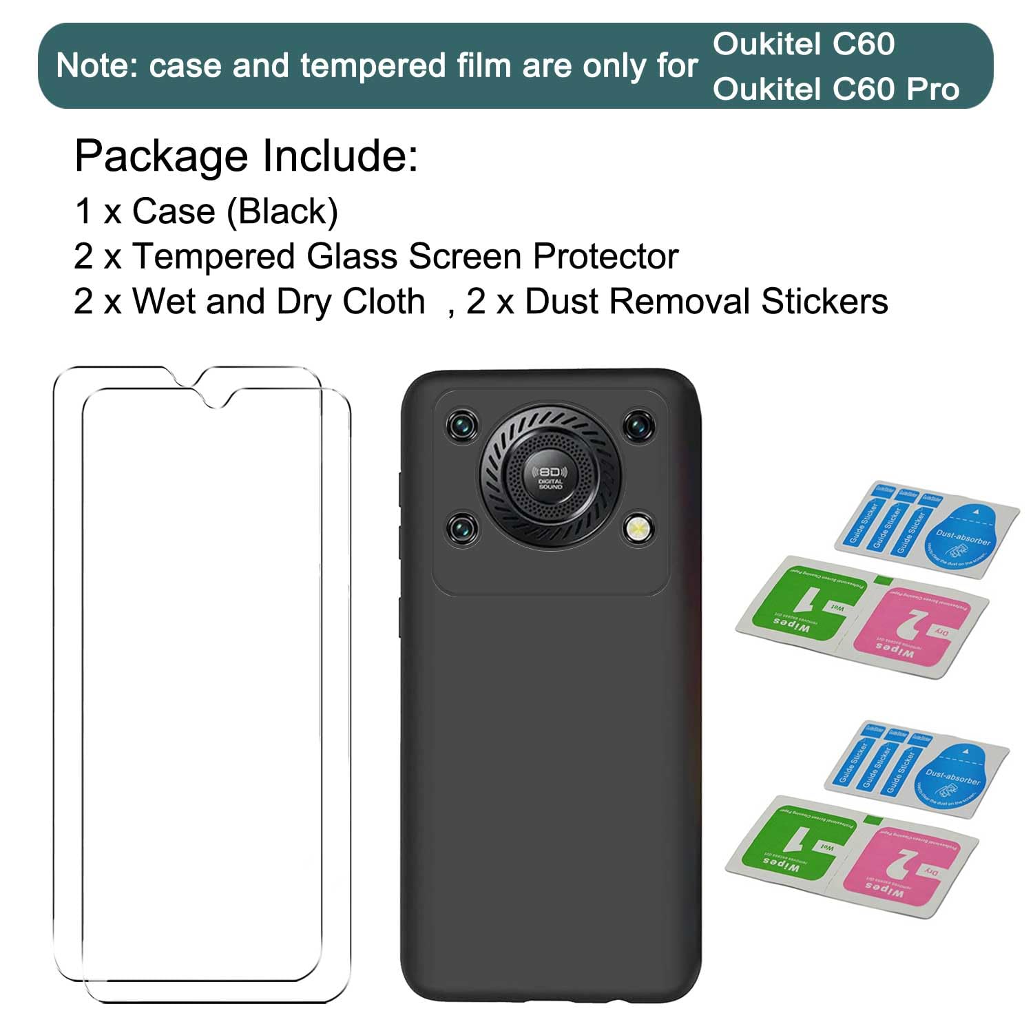 YQINHHME Custodia per Oukitel C60 PRO (6.88 ) + 2 X Pellicola in Vetro Tempera, Antiurto AntiGraffio Protettiva Case Trasparente Morbido TPU Bumper