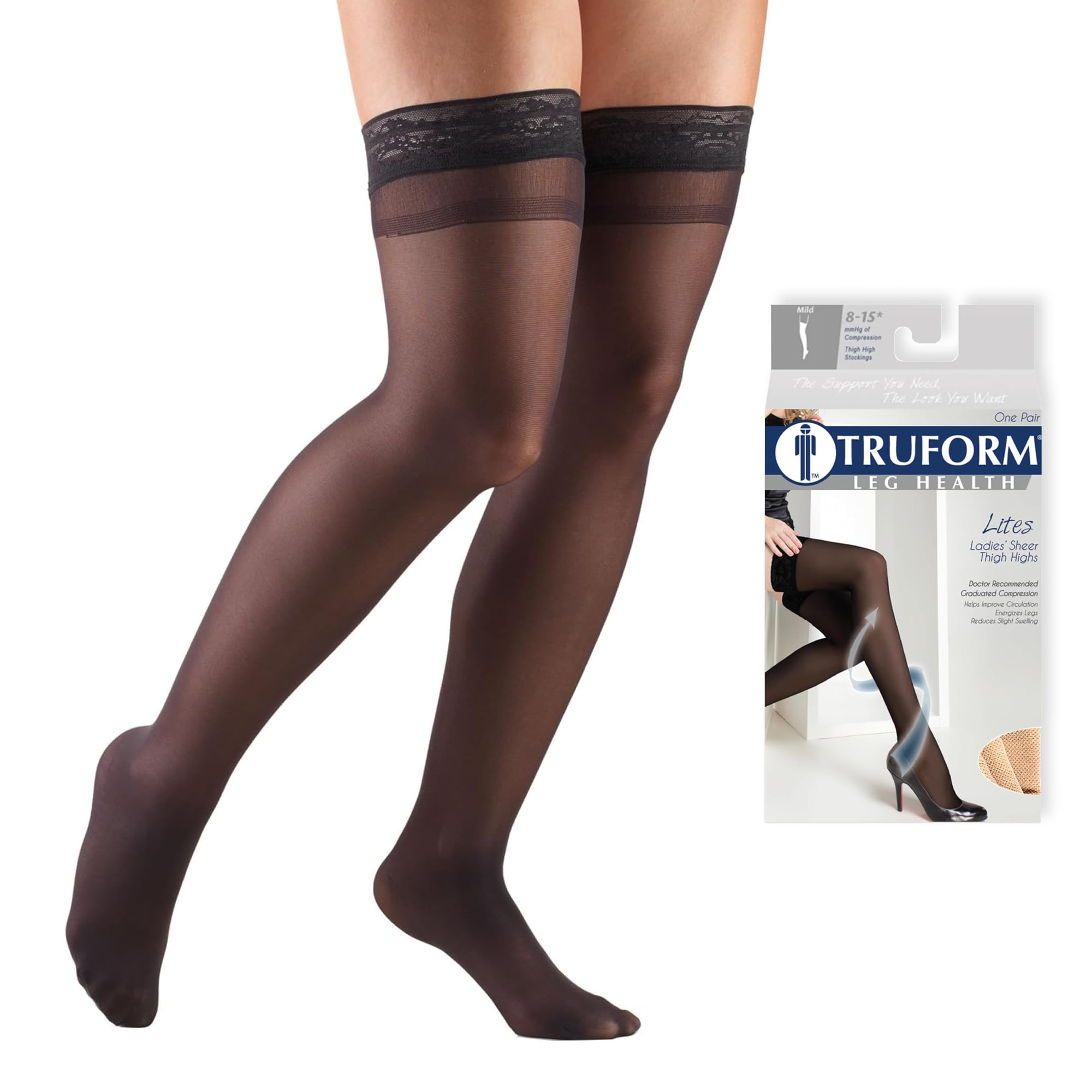 Truform Sheer Compression Stockings, 8-15 mmHg, Women's Thigh High Length, 20 Denier, Black, Large