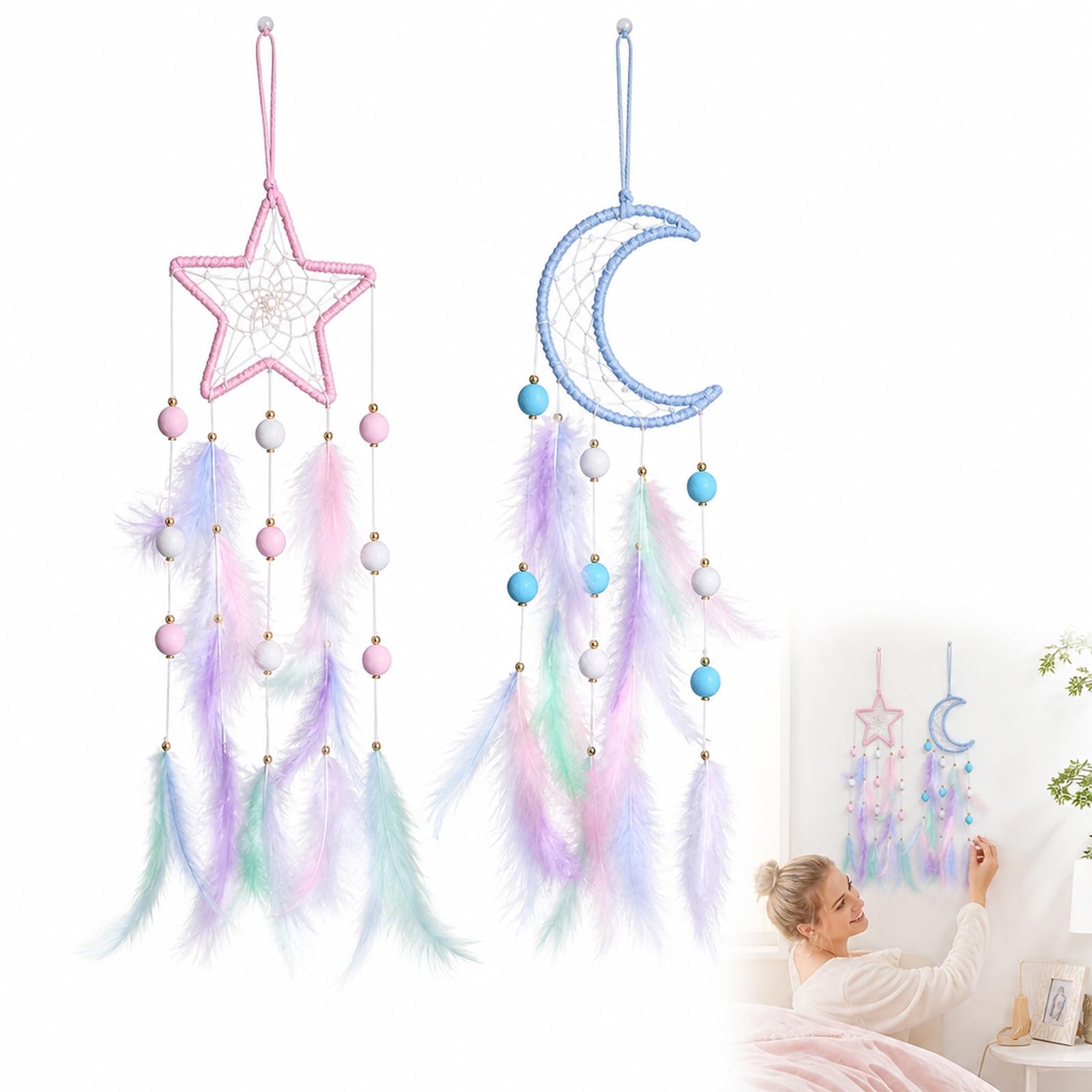 Dream Catcher Set, Star and Moon Wall Hangings, 2 Pieces