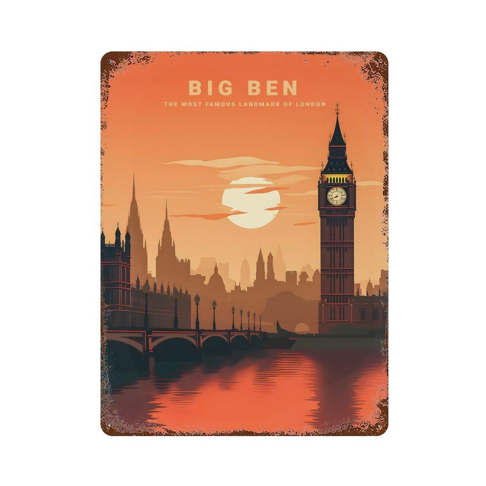 Sunset Big Ben Vintage Rust Metal Sign 15.7"x11.8", Classic Wall Plaque for Basement, Hobby Room And Garage Decor