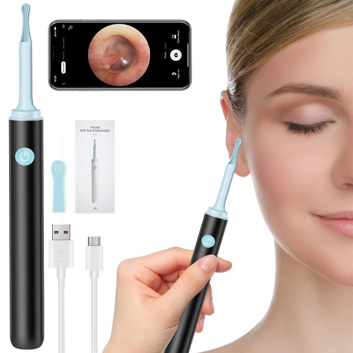 Ear Wax Removal Tool with Camera Ear Cleaner with 1080P Wireless Ear Otoscope and Silicone Ear Spoon Ear Cleaner Compatible with ipad Android Phone Suit for Adults //(black)