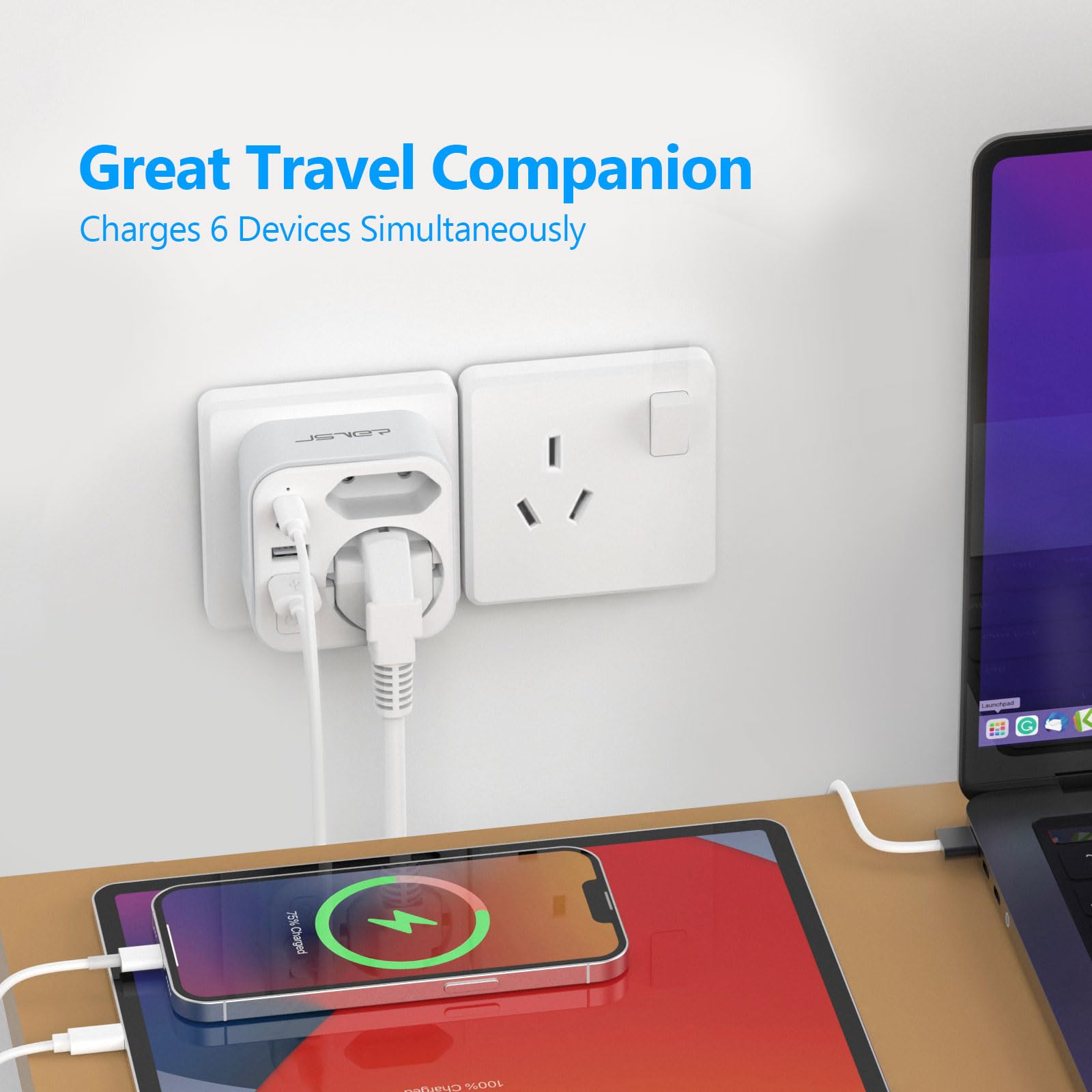 JSVER Adaptateur Prise Australie/Chine 6 en 1 Type I Voyage France vers Australie Argentine avec 2 USB A 2 Type C 17W 2 Prise Blanc